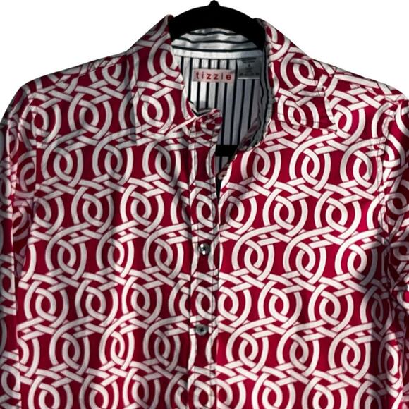 Tizzie Women’s Button Down Shirt Pink White Geometric Print Stretch Size Small - Picture 2 of 6